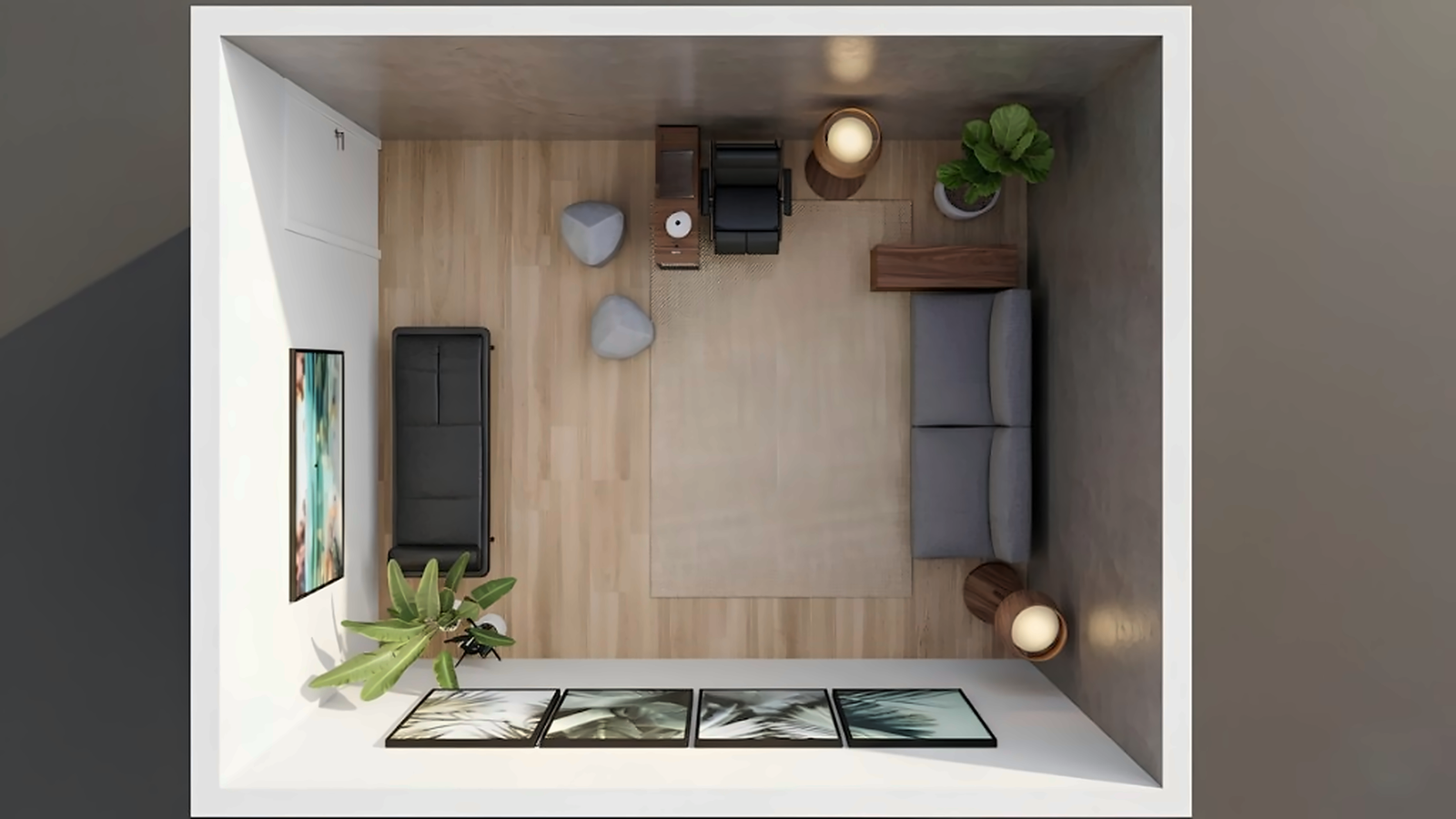 Planta superior da Sala Lunins com cadeira de massagem, sofá, daybed e poufs