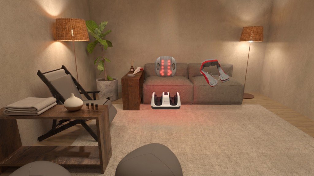 Sala completa com massageador de pés, almofada de costas e colete cervical Lunins